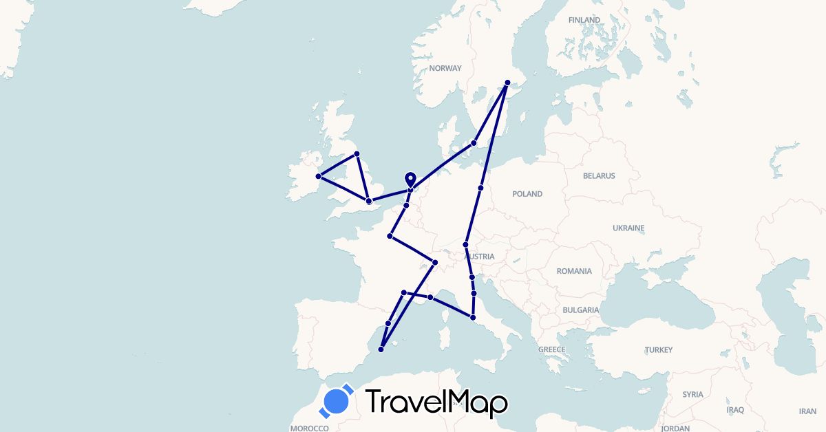 TravelMap itinerary: driving in Belgium, Switzerland, Germany, Denmark, Spain, France, United Kingdom, Ireland, Italy, Netherlands, Sweden (Europe)