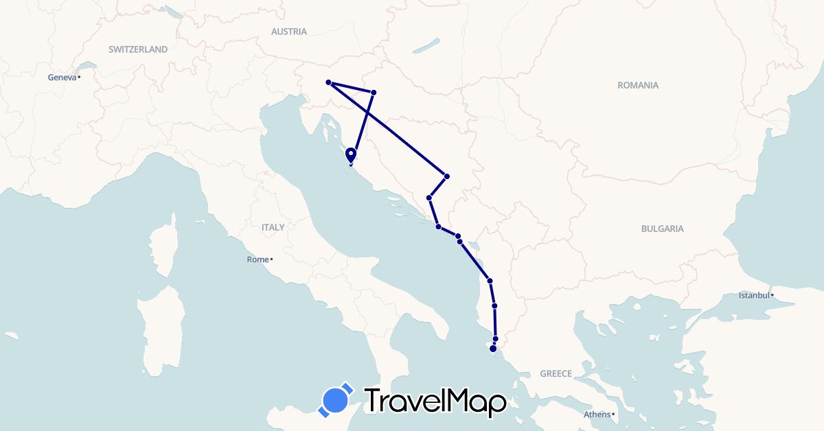 TravelMap itinerary: driving in Albania, Bosnia and Herzegovina, Greece, Croatia, Montenegro, Slovenia (Europe)